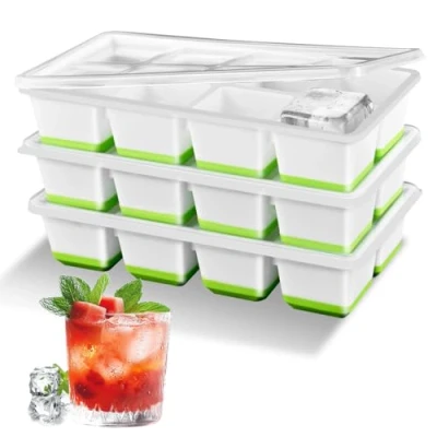 Imagen de Alinana Juego de 3 Cubiteras para Hielo Grande con Tapa, Cubitera Silicona Grandes Apilables Sin BPA, Capacidad 24 Cubitos Hielo, Ideales Cócteles, Whisky y Zumo (Verde)