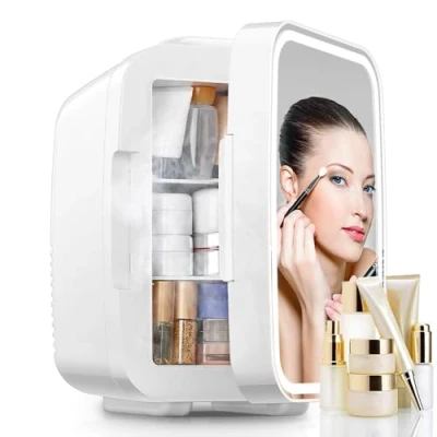 Imagen de FOHERE Mini Nevera para Dormitorio, Skincare con Espejo LED, Pequeña de 5L Portátil, Calentador y Enfriador Termoeléctrico 220V AC Oficina, Blanco