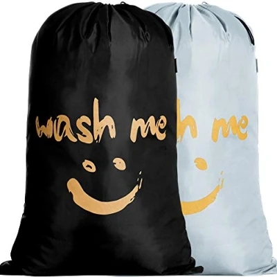 Imagen de IHOMAGIC 2Pack Bolsa de lavanderia Plegable Cesto para Ropa Saco la Colada Baño con Organizador Lavandería Sonrisa Dorada Viajes Cocina Dormitorio Hotel Gran Capacidad 120L, Negro/Argénteo