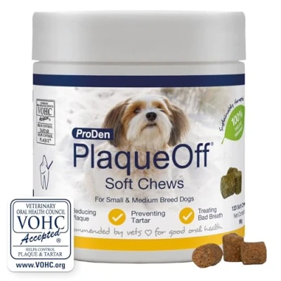 Imagen de ProDen PlaqueOff 120 masticables Suaves Eliminador Natural de Placa, sarro y Mal Aliento para Perros pequeños o medianos Funciona sistémicamente no por abrasión masticación