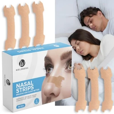Imagen de Welsberg 90 tiras nasales antironquidos, talla L, 66x19 mm, tirita nariz para hombres mujer, ayudan a respirar mejor, beige