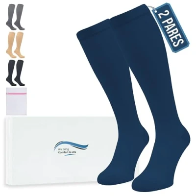 Imagen de 360 Relief Medias de Compresión para Mujeres y Hombres 2 Pares Calcetine Deportes, Correr, Volar, Viaje, Trabajo, Footing S/M Azul con Bolsa Malla