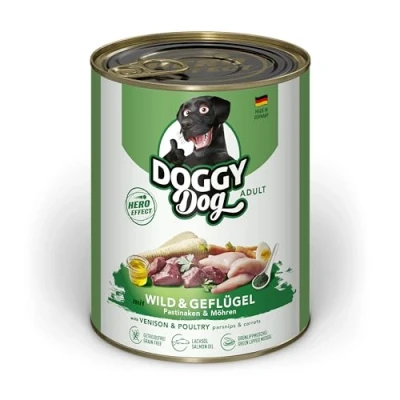 Imagen de DOGGY Dog Paté Wild &amp; Aves, 6 x 800 g, Comida húmeda para Perros, sin Cereales, con Aceite de salmón y mejillón Labios Verdes, pienso Completo chirivía Zanahoria, Fabricado en Alemania