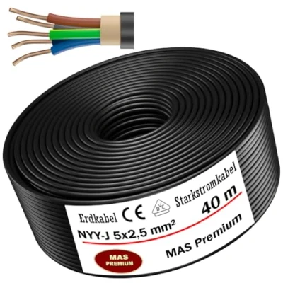 Imagen de MAS Premium NYY J 5 170 m 3 x 1,5 2,5 4 6 10 16 o cable subterráneo de alimentación eléctrica anillo para instalación al aire libre tierra (NYY mm², 40 m)