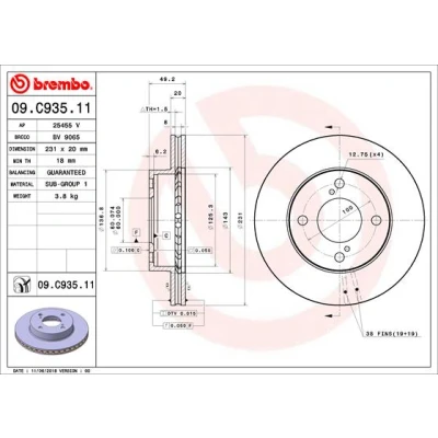 Imagen de BREMBO 09.C935.11 Disco de freno 231 20 4 ventilación interna revestido