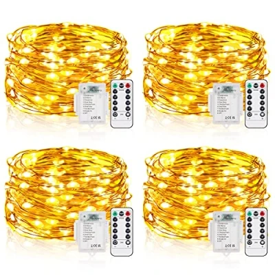Imagen de Vacoulery Guirnalda Luces Pilas, 4 Piezas 5M 50LED Luz de Cadena con Mando Timer, Alimentadas por Batería, 8 Modos Iluminación para Exteriores, Interiores, Navidad, Bodas, Jardín, Blanco Cálido