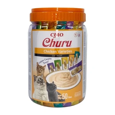 Imagen de INABA Churu Premios para Gatos Snacks Receta con Pollo, Varios Sabores Textura Cremosa Sin Cereales, Conservantes, Colorantes Sólo 6 Cal 50x14g