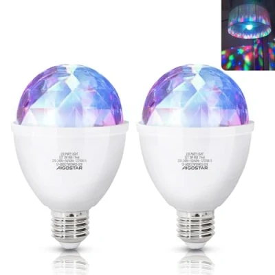 Imagen de Aigostar Luces Discoteca LED,Bombilla LED E27 Giratoria 360º,Cambio De Color RGB, Luz Estroboscópica 3W, Lámpara Decorada para Fiesta,Bar,Boda,Navidad,Coche,Festival, Cumpleaños,Pack 2