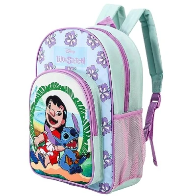Imagen de Lilo &amp; Stitch Mochila escolar de primera calidad para niños y niñas, con bolsillo lateral malla frontal cremallera, multicolor, 36.7cm (height), 26cm (width), 13cm (depth)