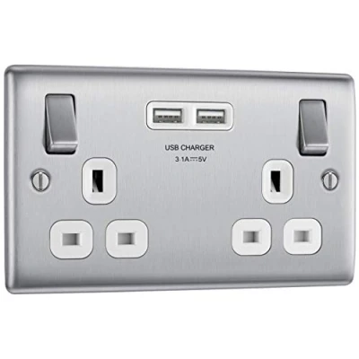 Imagen de BG Electrical Enchufe, 13A, 2x toma de corriente con carga USB, Inserto acero cepillado gris