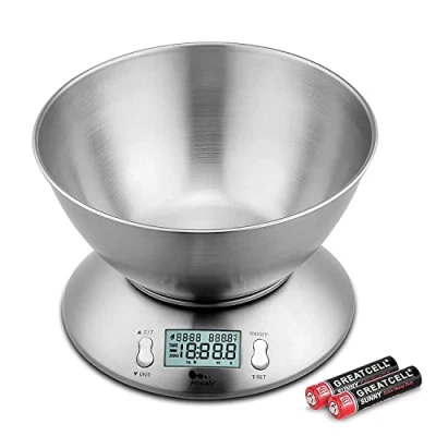 Imagen de himaly Báscula Digital Básculas de Cocina 5kg/11lb, Acero Inoxidable con 2L Cuenco Desmontable para Hornear y cocinar(Baterías Incluidas)
