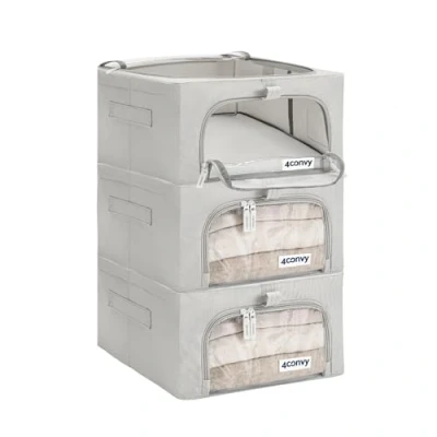 Imagen de 4CONVY Cajas de Almacenaje Ropa para Armario con Cremallera, Marco Metal, 2 ventanas transparentes [2024 MATERIAL MEJORADO] Bolsa Guardar Ropa, Mantas Apilables 3x24L