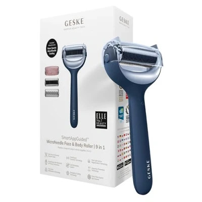Imagen de GESKE SmartAppGuided™ MicroNeedle Face &amp; Body Roller 9 en 1 Cuarzo rosa Rodillo derma eléctrico microagujas Dispositivo de agujas belleza cara/cuerpo