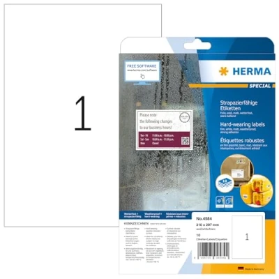 Imagen de HERMA 4584 Etiquetas de papel aluminio, 10 hojas, 210 x 297 mm, 1 hoja A4, unidades, autoadhesivas, imprimibles, mate, en blanco, blanco