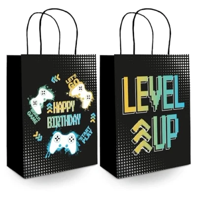 Imagen de Folat B.V. 24971 videojuegos Bolsas de regalo Level Up 20 x 27 cm 6 piezas Decoraciones para fiestas juegos cumpleaños Gaming, color black