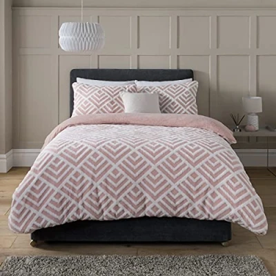 Imagen de Sleepdown Geo Juego edredón y Funda de Almohada para Cama Individual (135 x 200 cm), Color, Poliéster, Blush Rosa Blanco, Suelto