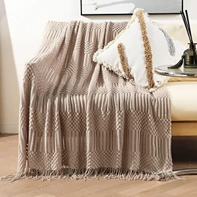 Imagen de LumiSyne Manta De Punto con Flecos Color Sólido Hubble Burbuja Comoda Suave Cubresofa Cubrecama Decorativa para Sofá Cama 230x130cm