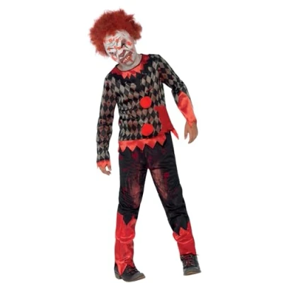 Imagen de Smiffys Disfraz de payaso zombi deluxe, Rojo y verde, con careta látex, parte arriba pantalones