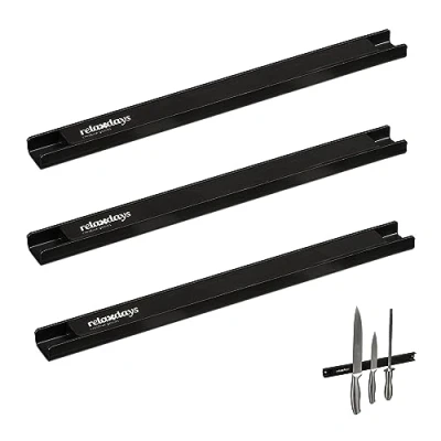 Imagen de Relaxdays Set de 3 Imanes Cuchillos, 30 cm Largo, Acero, Barras Magnéticas Herramientas, Atornillar a la Pared, Negro