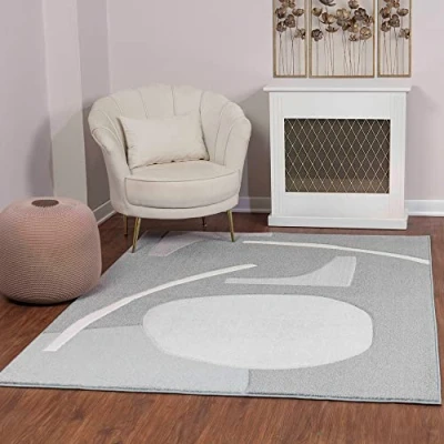 Imagen de Livabliss Alfombra Abstracta Agen Salón Grande, Habitación, Dormitorio Salon Pelo Corto, Suave y Lujosa Facil de Cuidar Grande 120x170cm Blanco, Carbón, Gris Claro