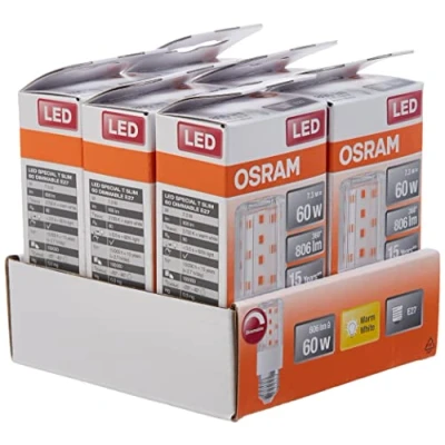 Imagen de OSRAM LED Superstar Special T SLIM, lámpara especial delgada regulable, casquillo E27, blanco cálido (2700K), sustituye a la convencional de 60W, paquete 6