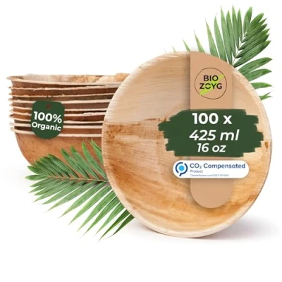 Imagen de BIOZOYG 100x cuenco de hoja palma 425 ml redondo Plato hondo desechable para sopa, ensalada compostable Vajilla fiesta sostenible