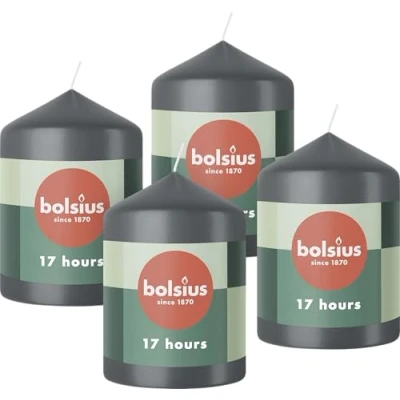 Imagen de Bolsius Pillar Candles Velas decorativas para el hogar, color antracita, 4 unidades, 8 x 6 cm, larga duración de combustión 17 horas, sin perfume, cera vegana natural, aceite palma