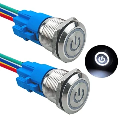 Imagen de Aiqeer 2 Piezas 19 mm Interruptores de Botón Autoblocante, 12V / 24V 5A Interruptor LED Blanco, Pulsador Metálico Impermeable, con Enchufe Precableado
