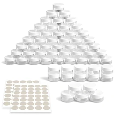 Imagen de Newaner 60 Piezas Tarros de Plástico, 10g10ml Contenedores Cosmético Viaje, mini tarro transparente con tapón rosca Lata vacia pegatinas, para llevar maquillaje, lociones, velas(Blanco)