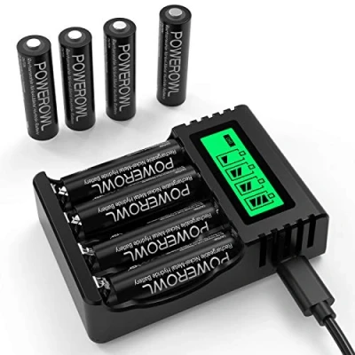 Imagen de POWEROWL Pilas Recargables AA con Cargador, 8 Piezas 2800mAh de Alta Capacidad NiMH y LCD, Ranura Independiente &amp; USB Carga Rápida