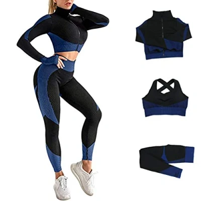 Imagen de Veriliss 3 Piezas Mujer Yoga Traje Entrenamiento para, Gym Mallas de Sin Costuras y Sujetador Deportivo Elástico Ropa Gimnasio