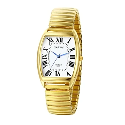 Imagen de JewelryWe Reloj de Hombre, Cuarzo para Hombre Moda Cuadrado Número Romano Dial Correa Elástica Fuerte, Oro