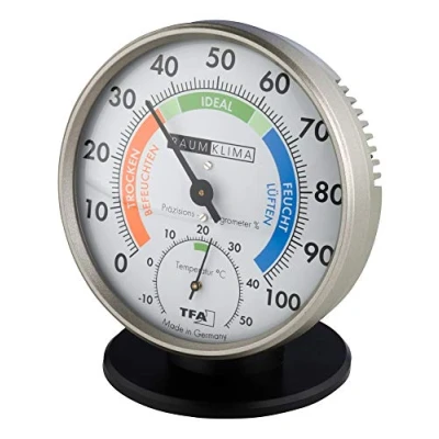 Imagen de TFA Dostmann Termómetro higrómetro de precisión 45.2033 para control del clima interior, analógico, con zonas confort, temperatura y humedad (antracita)