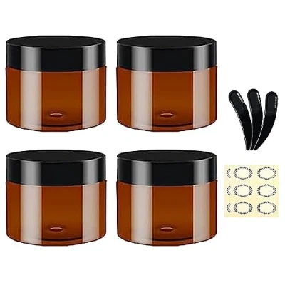 Imagen de Apstaqeoo 4 tarros vacíos de plástico ámbar 120 ml con tapas negras, 3 espátulas y 6 etiquetas. Recipientes redondos cosméticos rellenables, viaje para loción, ungüentos, cremas,