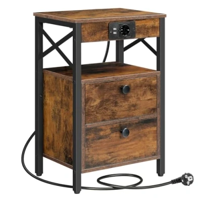 Imagen de HOOBRO Mesilla de Noche con Dos Cajones, Mesita Auxiliar Sofá Base Carga, Moderna Adecuada para Salón, Dormitorio, Marrón Rústico y Negro EBF138CBZ01
