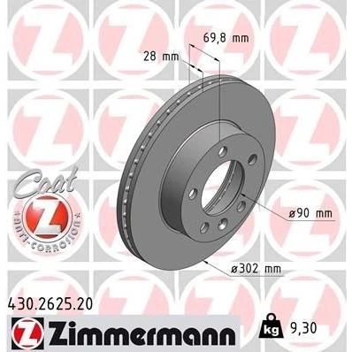 Imagen de ZIMMERMANN COAT Z 430.2625.20 Disco de freno 302 28 6/5 5 130 ventilación interna revestido altamente carbonizado RENAULT: MASTER 3 Kasten,