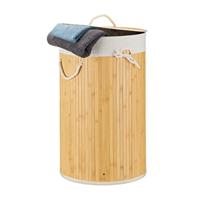 Imagen de Relaxdays Cesto Ropa Sucia con Tapa, Redondo, Cubo Colada, Canasta Plegable, Bambú, 70 L, Ø 41 cm, Crema