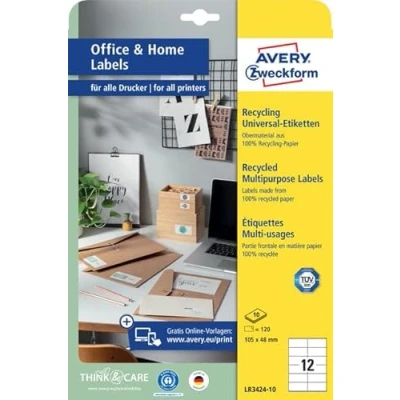 Imagen de AVERY Zweckform LR3424 10 etiquetas de reciclaje (120 dirección, 105 x 48 mm en A4, papel reciclado 100% reciclado, dirección imprimibles, adhesivas
