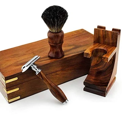 Imagen de Fino Rosewood Afeitado Set para Hombre con de Cuchilla Afeitar, Puro Negro Brocha Pelo Tejón ,Doble Soporte &amp; Caja
