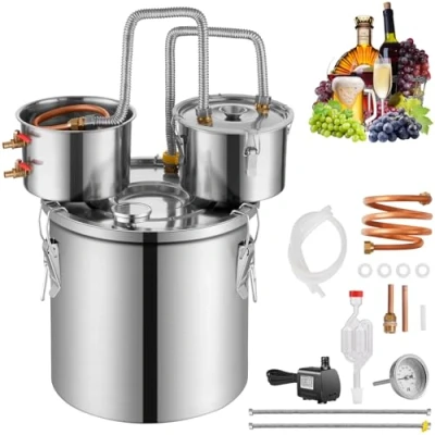 Imagen de VEVOR Destilador de Alcohol, Acero Inoxidable 19 L, con Bobina Cobre para Enfriamiento, Kit Condensador Doble Destilación Secundaria, Whisky, Brandy, Plata