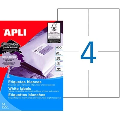 Imagen de APLI 1797 Etiquetas blancas permanentes adhesivas imprimibles, Inkjet Laser Copy, tamaño etiqueta 105 x 148 mm, cantos rectos, pack de 500 hojas A4 (2000 etiquetas), ideal para sobres y paquetes