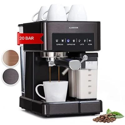 Imagen de Klarstein Cafetera Espresso 1.8L con Espumador de Leche, Cafeteras 20 Bares, Automaticas 1350W para Café Molido, Pantalla Táctil, Maquina Cafe Pequeña, Acero Inoxidable
