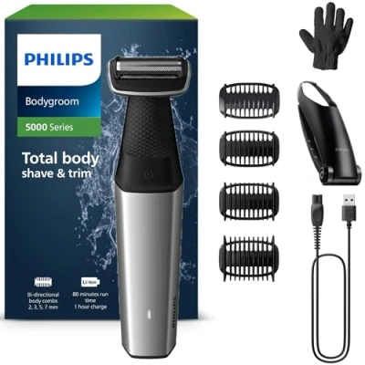 Imagen de Afeitadora corporal Philips BG5021/16, Uso en seco y mojado, 4 peines guía, Accesorio para espalda, 60 min autonomía, Plata