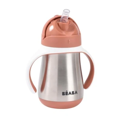 Imagen de Béaba Vaso de Aprendizaje con Boquilla para Bebe, Biberón hermético, Taza Antigoteo pajita, Antiderrame, 2 en 1, Asas extraíbles, Resistente, Inox, 250 ml, Terracotta