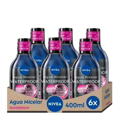 Imagen de NIVEA Agua micelar Bifásica Waterproof Professional Piel Sensible en pack de 6 (6 x 400 ml), desmaquillante para limpieza facial con extracto té negro, desmaquillador ojos y rostro