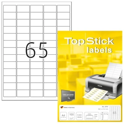 Imagen de TopStick 8781 etiquetas autoadhesivas para direcciones A4 (38,1 x 21,2 mm, papel) 100 hojas, 65 por hoja, 6500 etiquetas, impresoras inkjet y láser
