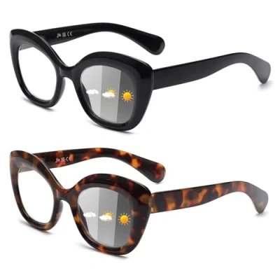 Imagen de JM 2 Pack Fotocromáticas Gafas de Lectura para Mujer, Ojo Gato Lentes Ordenador Bloqueo Luz Azul Bisagra Resorte Negro &amp; Tortuga +3.5