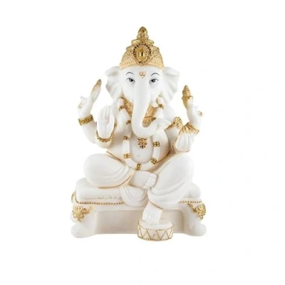 Imagen de DRW Figura Ganesha sentada Blanca y Dorada Resina Pintada a Mano 20 cm