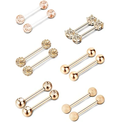 Imagen de Sumind 6 Pares de Aros Pezón Lengua Anillas Barra con Pesas Acero Inoxidable Piercing Cuerpo Zirconia Cúbica, 14 Gauge (Dorado Rosado)