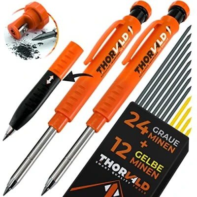 Imagen de THORVALD 2 PRO Lápiz de construcción extensible [+ 38 MINE soporte múltiple + Tamaño mina Agarre fácil escribir] Portaminas para carpintero DIY Dibujo Trazado Madera aceitosa Metal Concret